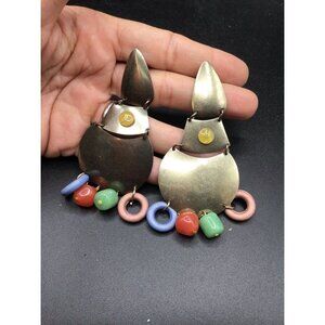 Vintage Statement Earrings Brass & Colorful Beads Cone Shaped Pierced Dangles